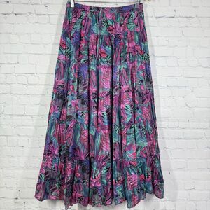 VTG 80's Jane Ashley Maxi Skirt Tropical Pleated Cotton Broomstick Artsy Gypsy